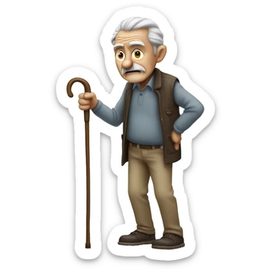 Old man leaning on a walking cane and holding his back with his hand grumpy face, detailed sticker