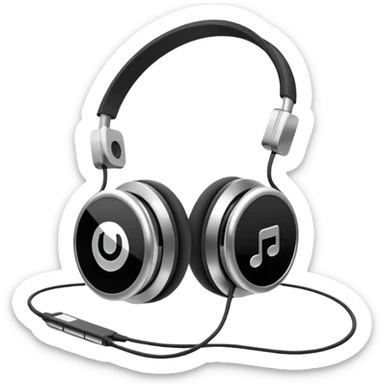 Futuristic iPod emoji with earphones, metallic black and white, smooth reflective surfaces, flat minimal vector design, clean UI style sticker