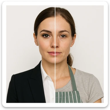 hyper realistic split-image of a beautiful woman, one half of her face with professional makeup and business office attire, the other half natural and makeup-free, wearing a kitchen apron like a homemaker, symmetrical composition, white background, clear contrast between the two roles sticker