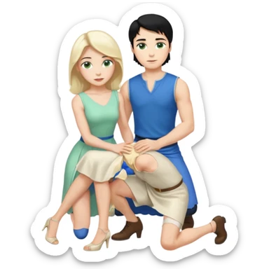 prince, upright, black Hair, blue eyes, garment,  Woman, bending knee, sleveless white dress, blonde hair, green eyes, sticker