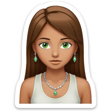 A girl with long brown straight hair, green eyes, and a white tank top; she doesn't have bangs. she wear a lot of silver jewerly tan skin sticker