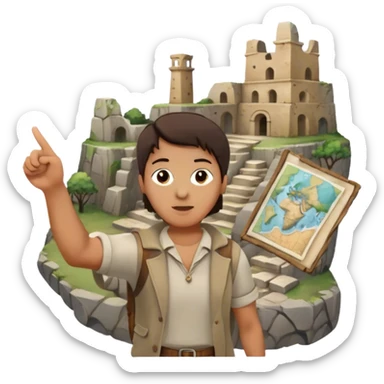 Icon for Documentary Film: A traveler in casual clothing standing and pointing towards ancient ruins, explaining history. The scene should evoke a sense of exploration, with the traveler holding a map or scroll. Include crumbling stones and historical artifacts. Transparent background. sticker