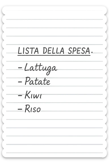 FOGLIO DI CARTA A RIGHE CON LISTA DELLA SPESA SCRITTA A PENNA:
"LISTA DELLA SPESA:
- Lattuga
- Patate
- Kiwi
- Riso", iperealistico 4k sticker