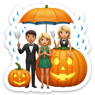 Make a guy hugging a giant pumpkin with a fork in his right hand while there's fire while there's a lady watching while it's raining while there's an umbrella on the ground that's alive and the sun has a bow tie on his neck sticker