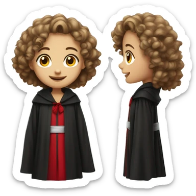 a young girl with curly brown hair, brown eyes, bigger front teeth, shes light skinned and dressed in a black robes with red tie sticker