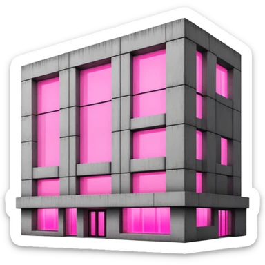 Brutalist concrete building with pink glowing window, minimalist style sticker