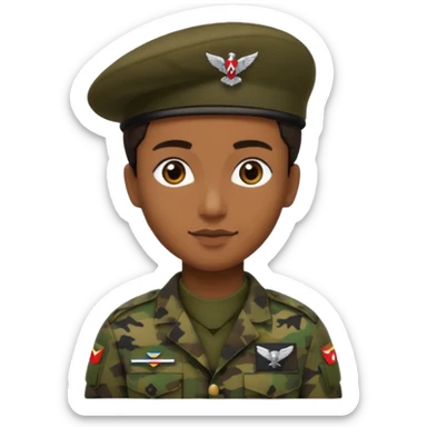 military person with pixelated woodland camouflage uniform, black beret with paratrooper emblem, brown skin, iPhone emoji style sticker