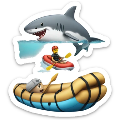 Raft in ocean with shark near it sticker