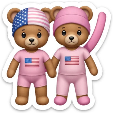 A light brown teddy bear wearing light pink clothes with a US flag print, and another with a Pilates band on its head and wearing sportswear. sticker