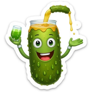 a cartoon pickle with juice squirting from the top of it, being squeezed by a hand sticker