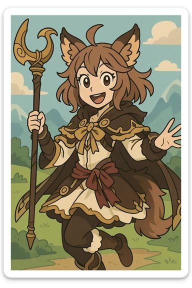 Andira from Granblue Fantasy, anime style, dynamic pose, staff visible, smiling, ornate outfit, animal ears, fantasy background sticker