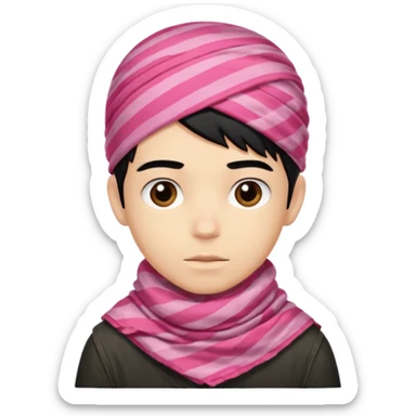 Emoji de un chico con turbante árabe que el chico sea de color piel clara y que tenga cabello negro y de fondo blanco y que tenga un pañuelo árabe de color rojo y con rayas rosas sticker