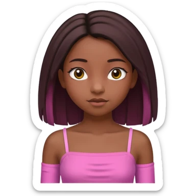 A black 12 yr old girl brushing her shoulder length hair, doe eyes, almond eyes pink tube top and black hair like the 3rd. The first one but hair straight and long and close to body sticker