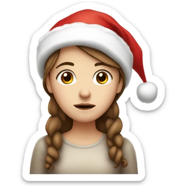 very sad Christmas white girl with brown hair and a christmas hat sticker