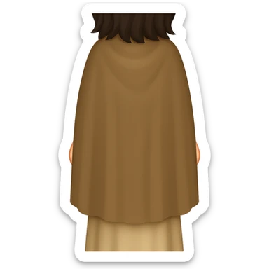 Fullbody backview of Mary Magdalene with dark hair, wearing a light tan biblical dress and a dark tan cape like in the reference image, sandals, in classic emoji style with transparent background. sticker