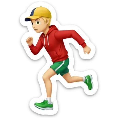 Yellow skin person running wearing navy ball cap, red hoodie, white shorts and green shoes. IOS emoji style.  sticker