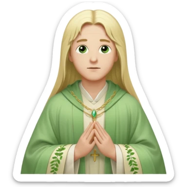 a young bishop, green eyes, long blonde hair, light green wide, flowing outer robe. hands clasped together, gazing thoughtfully. Soft light, subtle fern. Waist-up, profile. sticker