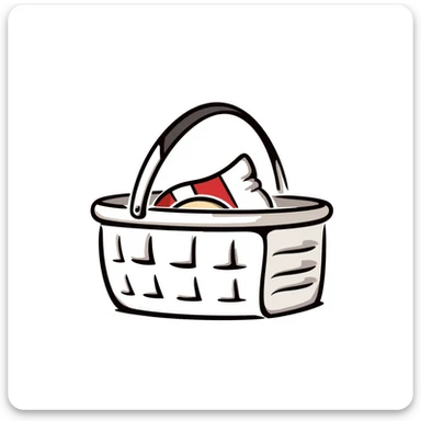 A picnic basket with handle and lid, possibly with some items peeking out, in pastel colors (dd9fb0, ffc6d3, a3bfc9, c4bee2, f1b091), hand-drawn doodle style sticker