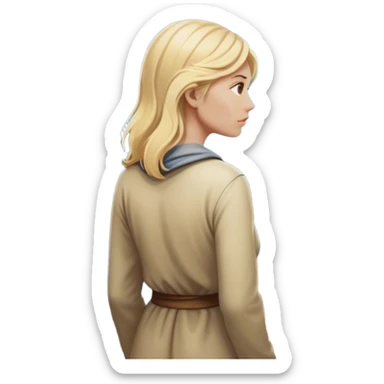 the back of a blonde woman stands at a mountain crossroads, her back turned as she contemplates two trails—one illuminated, symbolizing response, and one shrouded in darkness, representing reaction. with hands on chest sticker