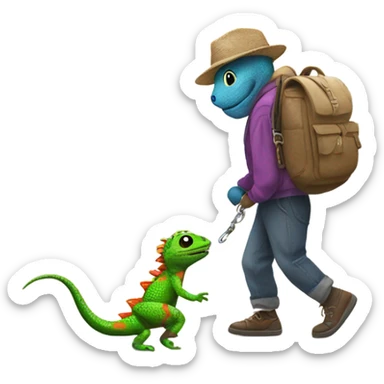 Lizard walking a man on a leash sticker