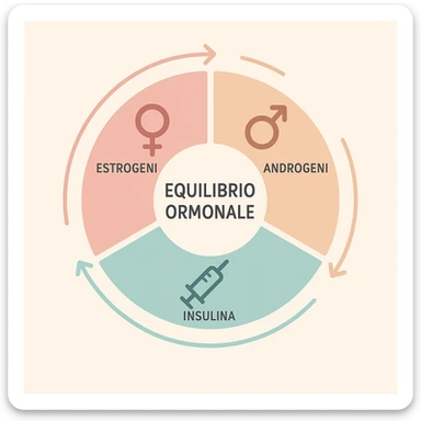 infographic with pie chart, center text 'Equilibrio Ormonale', surrounding icons of key hormones (estrogen, androgens, insulin), arrows connecting phases, clean style, pastel colors sticker