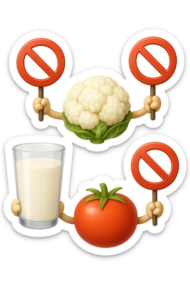 emoji stile iphone di un BICCHIERE DI LATTE CAVOLFIORE E POMODORO CHE FLUTTUANO IN ARIA VERTICALMENTE CON DIVIETI IN MANO, iperrealistico 4k, isolato su sfondo bianco sticker