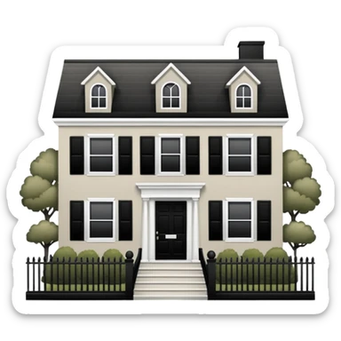 greige colonial house with black shutters and black front door and black railings. sticker