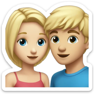 A blond boy with blue eyes who kisses a pretty blonde girl with blues eyes,  with a heart above their heads  sticker