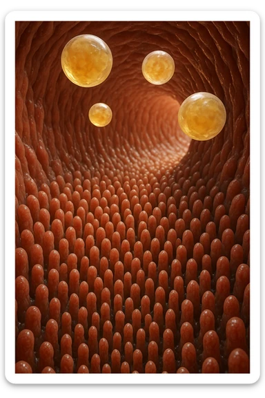 VILLI INTESTINALI CON CELLULE DI GRASSùO CHE CI FLUTTUANO SOPRA, INTERNO REALISTICO DI UN INTESTINO, IPERREALISTICO 4K sticker