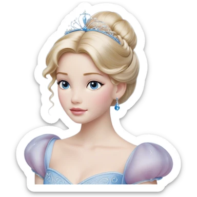 Cinematic Realistic Cinderella Portrait, depicted with lifelike skin texture, subtle rosy undertones, and soft natural lighting that enhances the gentle contours of her face. Her intricately detailed golden blonde hair is elegantly styled in an updo, with delicate wisps framing her face for added realism. Her deep, expressive blue eyes radiate warmth and sincerity, reflecting a quiet resilience and grace. She is dressed in her iconic ball gown, the fabric shimmering with intricate embroidery and fine translucent layers that catch the light beautifully. The soft sheen of satin gloves and the delicate sparkle of a glass-like slipper peeking from beneath her dress add a touch of magical realism. The portrait features an enchanting glow with a natural, luminous finish, seamlessly blending realism and fairytale charm to evoke a sense of depth, elegance, and timeless beauty. sticker