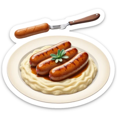 Cinematic Realistic Bangers and Mash Dish Emoji, featuring succulent pork sausages paired with creamy mashed potatoes rendered with detailed textures and natural highlights that emphasize its robust, hearty flavor. sticker