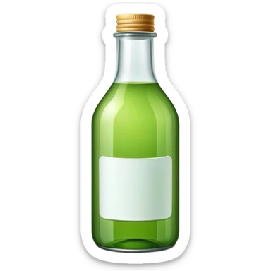 Botella verde de vidrio con etiqueta blanca con mini vaso con líquido transparente  sticker