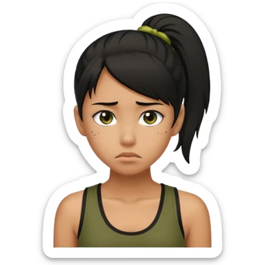 a tan girl with a black ponytail, black tank top, . Looking sad sticker
