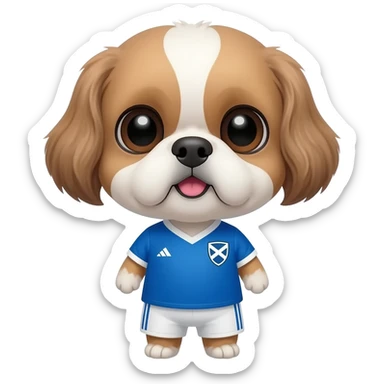 white and light brown shih zhu wearing a scotland soccer jersey v neck 2026 work cup sticker