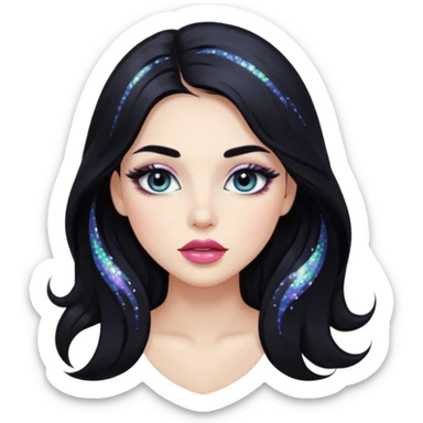 douyin long black hair glossy lips glittery iridescent white eyeshadow girl sticker