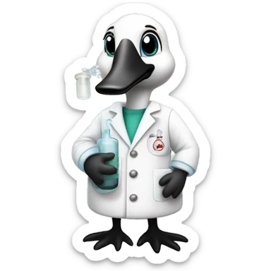 Canada goose wearing chemistry lab coat and has flask with chemicals sticker