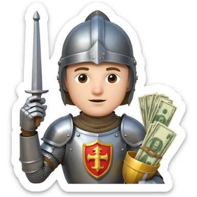 Knight with helmet holding phone and money sticker
