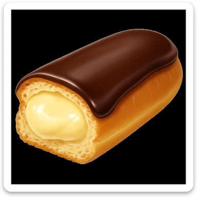 Add a glossy chocolate glaze on top of the sliced dairy-filled eclair, keeping the style and background the same as the original image. sticker