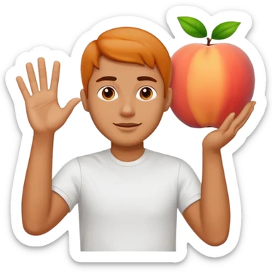 A large peach in front of a man waving sticker