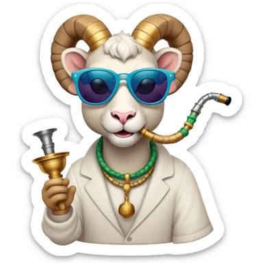 A cool ram wearing stylish sunglasses, casually smoking a hookah, with a relaxed and confident expression, surrounded by a subtle smoke effect, in a minimalist and vibrant emoji style. sticker