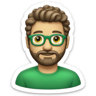 Une visage d’un homme cheveux mi-long un peu ondulée de couleur brun, avec des yeux vert avec une petit barbe bien taillés et des lunettes assez fines  et une peau claire  sticker