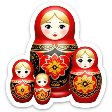 Wood painting icon, painted wooden matryoshkas (nesting dolls) of various sizes, vase, and small wooden box, visible carving tools, paintbrushes, traditional patterns in bright colors like red, gold, and black, no finished artwork, just the crafting process, minimalistic style, clean lines, transparent background. sticker