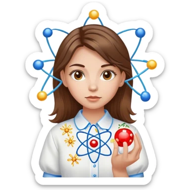 a Ukrainian girl with brown hair in an embroidered shirt and an atom sticker