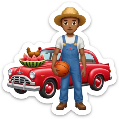 Black man in farmer outfit and infront of a hell cat car with a basketball fried chicken and watermelon in there hand sticker