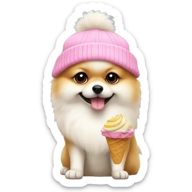 pomeranian eating an icecream and wearing a beanie pink sticker