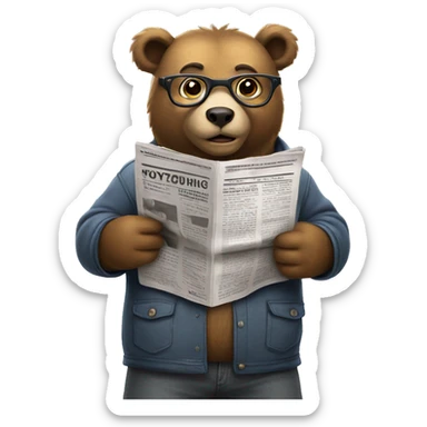 bear in city streets wearing glasses reading newspaper sticker