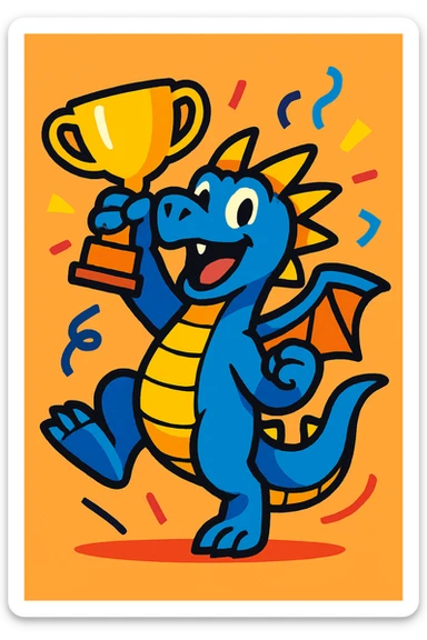 blue dragon celebrating with a trophy, fun and dynamic sticker