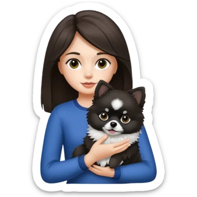 A brunette hair girl holding a black and white 1 Pomeranian dog who has black face but in the middle it’s white line sticker