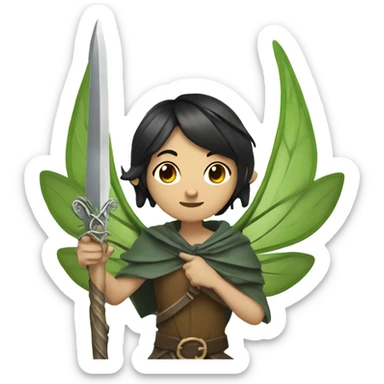 Androgynous, forest fairy, fairy wings, African, pointed elf ears, short black hair, vines, holding medieval sword sticker