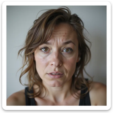realistic style portrait of a woman with a lot of cellulite, visibly desperate and tired of her condition, face visible with a marked expression of despair and fatigue, neutral background sticker